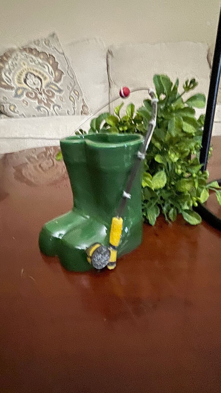 Vintage Green Ceramic Boot Ornament with Fishing Rod Detail